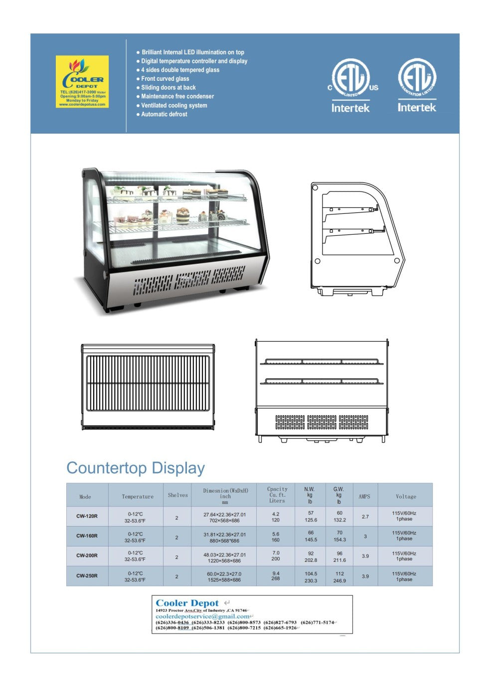 NSF 5 ft Black Refrigerated Countertop Display CW-250R