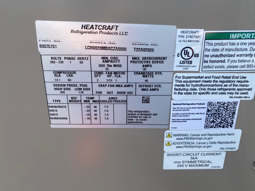 NSF walk in cooler condensing Refrigeration System 2HP