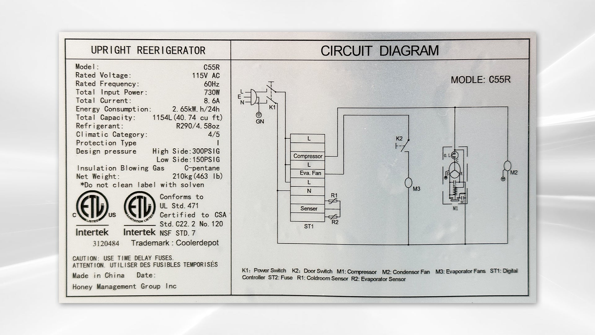 NSF Reach In Two Door Refrigerator SS interior C55R