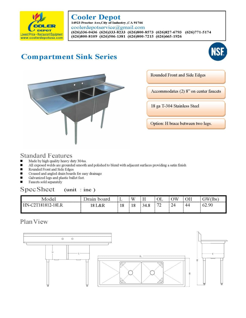 72 ins two compartment sink NSF C2T181812-18LR