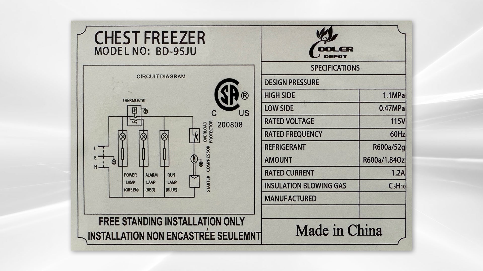 CSA Single Door food Chest Freezer 3.5 Cu Ft XF-95