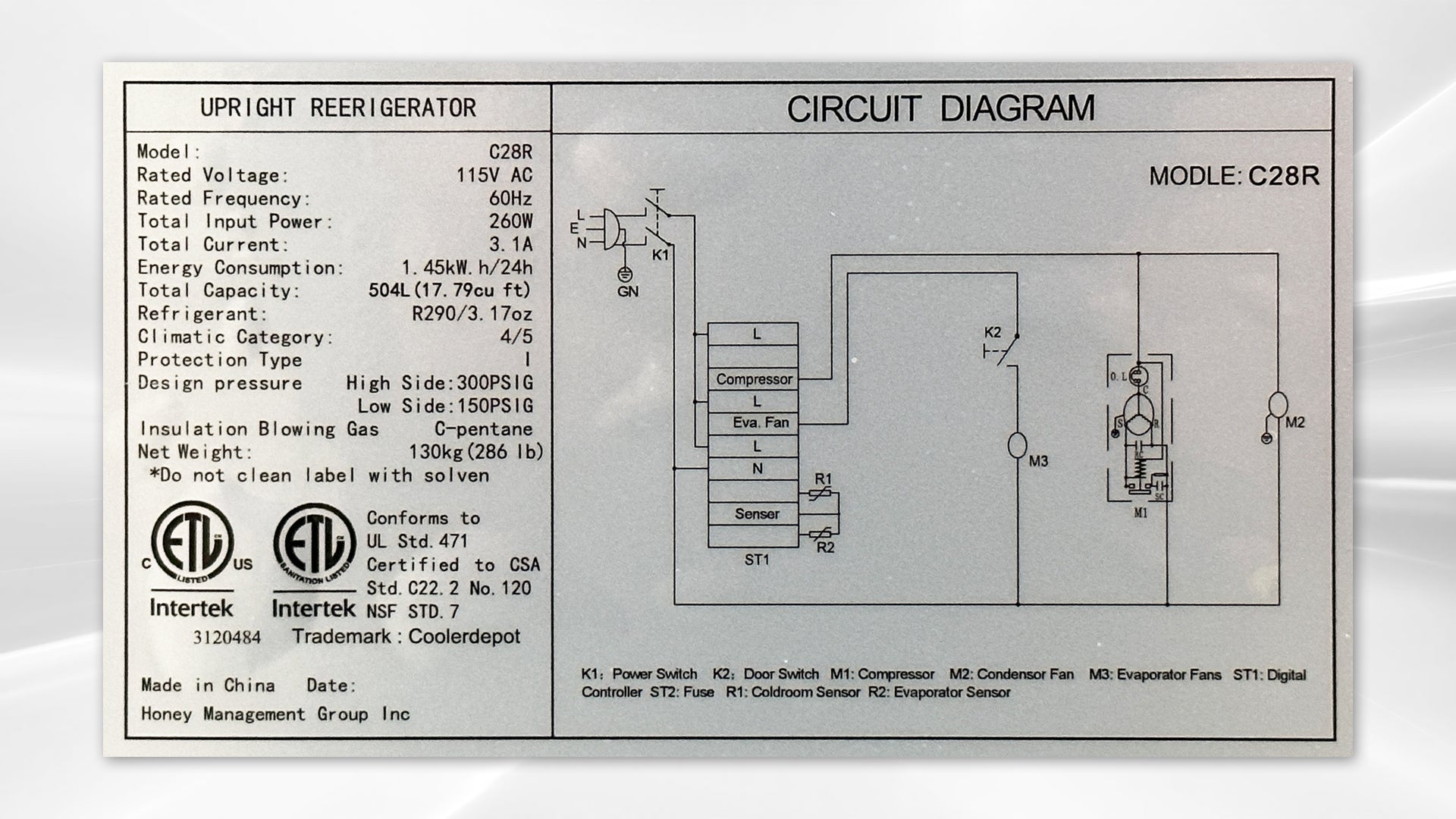 NSF Reach In Refrigerator SS interior C28R