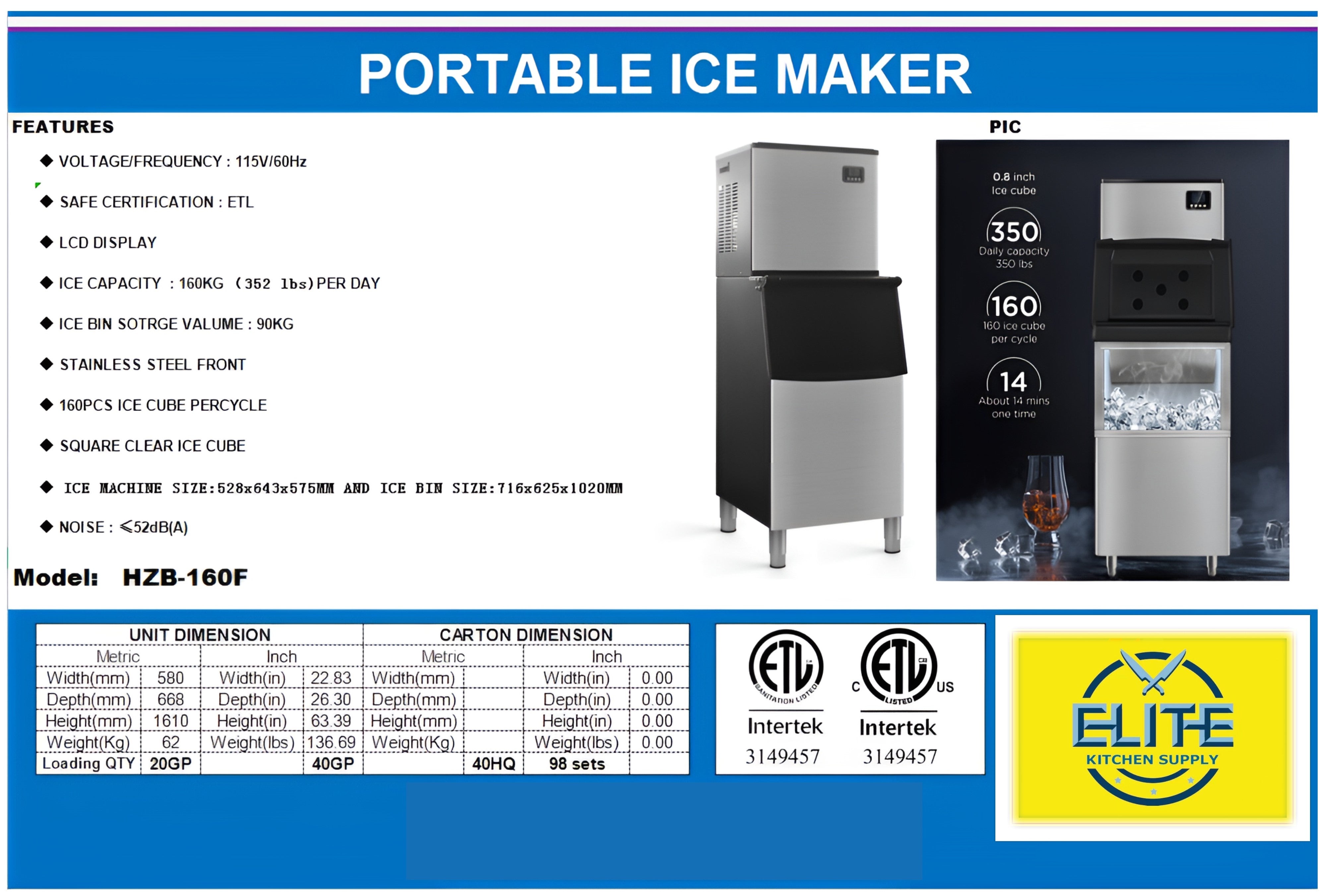 NSF 352 lb Commercial ice maker machine HZB-160F