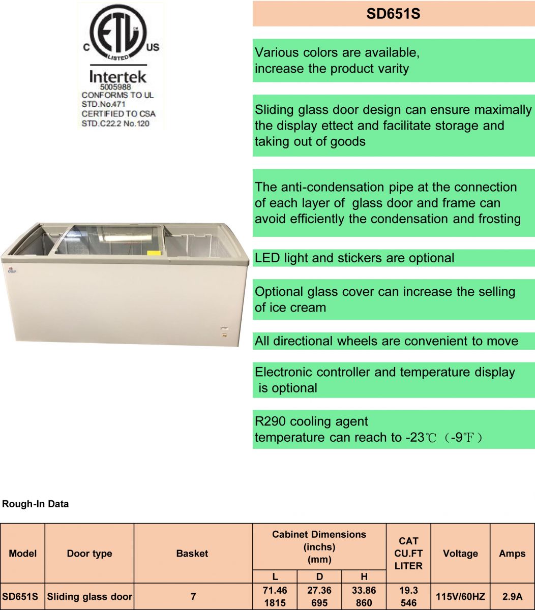 NSF 72 inches Chest Glass door Freezer SD651S