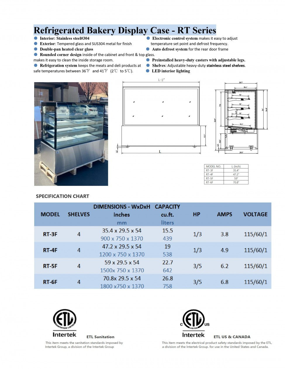 48 Bakery refrigerator Refrigerated Display Case RT-4F