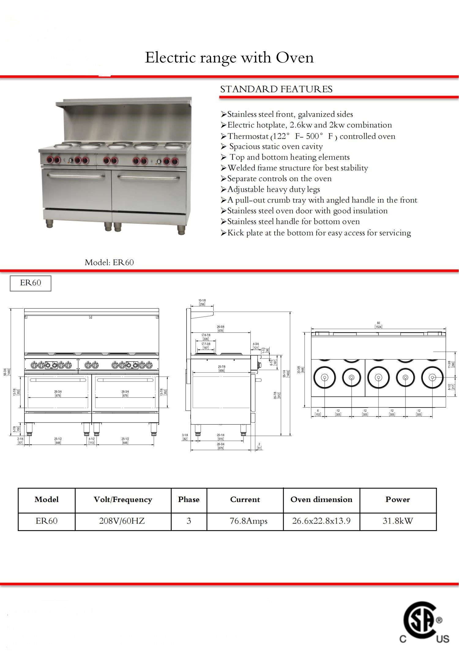 NSF 60"10 Sealed Element Electric Range 208v 3ph ER60