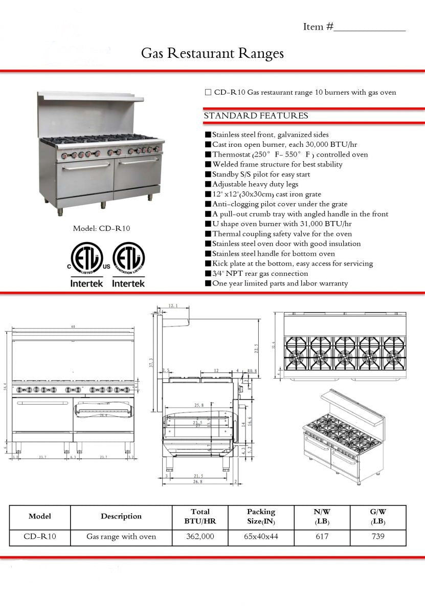 NSF Commercial 10 Burner Double Oven Gas Range HFSO-60