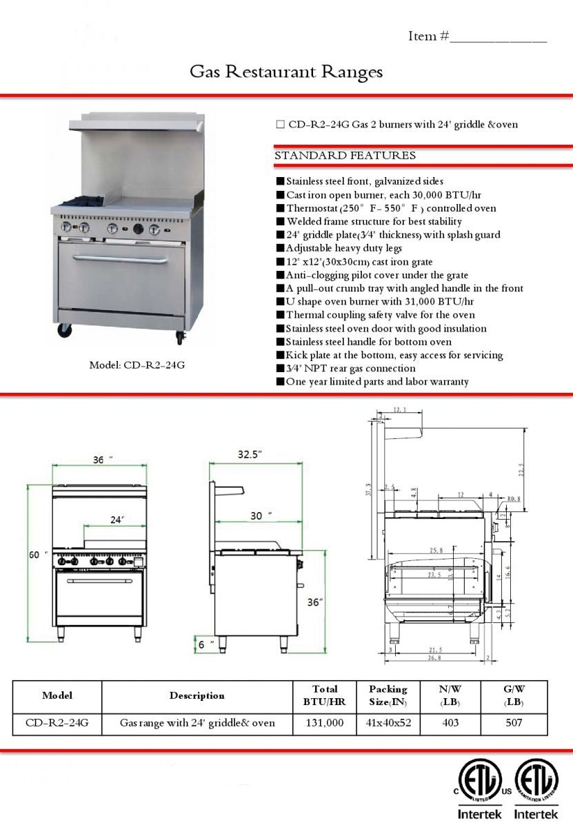 36 ins 2b24g NSF oven ranges CD-R2-24G