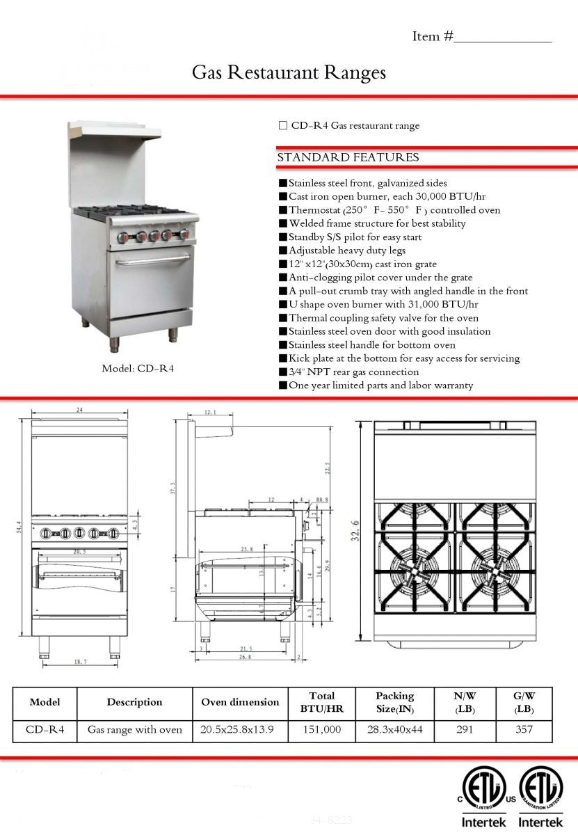 24 ins 4b NSF gas LP oven ranges HFSO-24