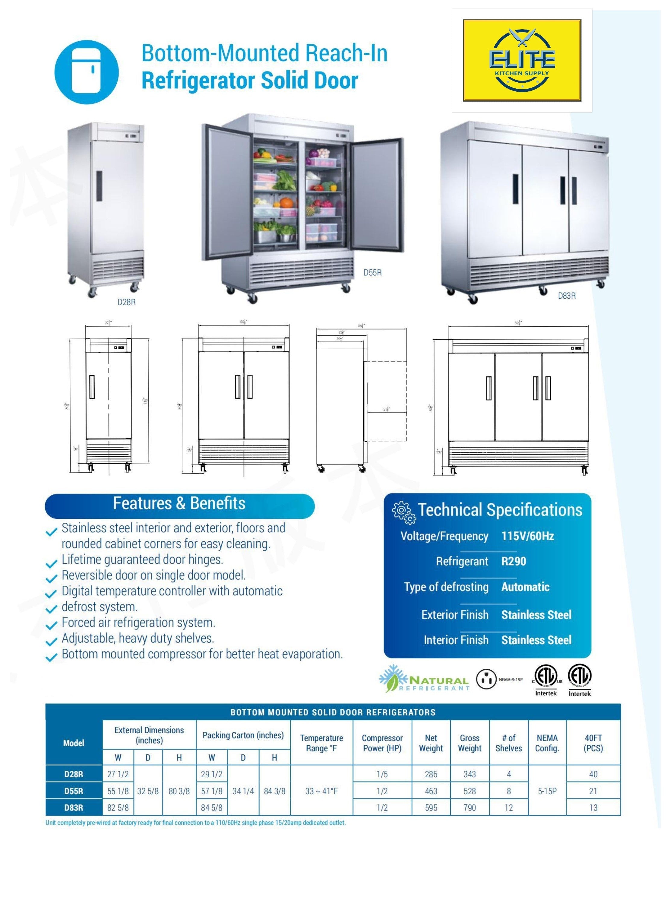 NSF Reach In Three Door Refrigerator SS interior D83R