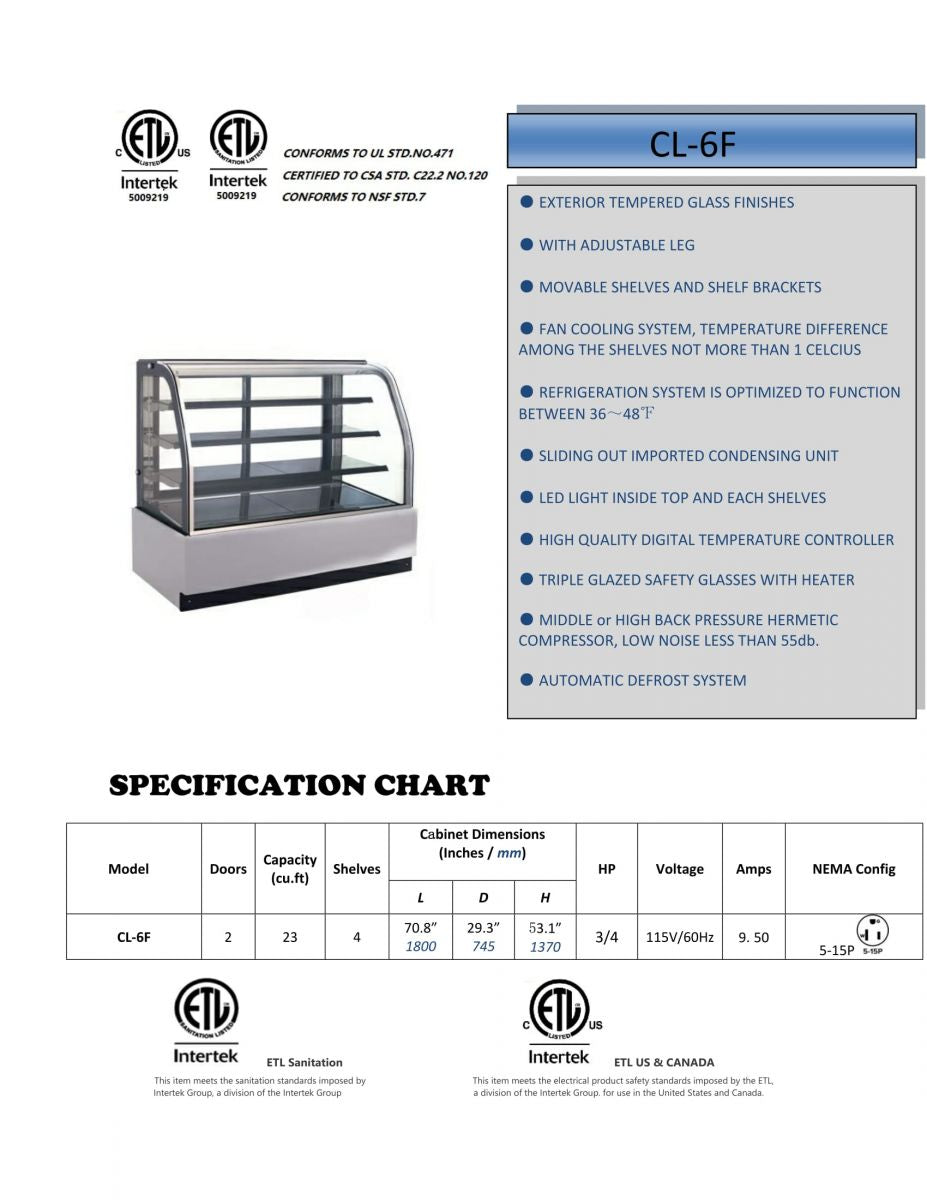 Refrigerated bakery refrigerator case NSF 72 in CL-6F