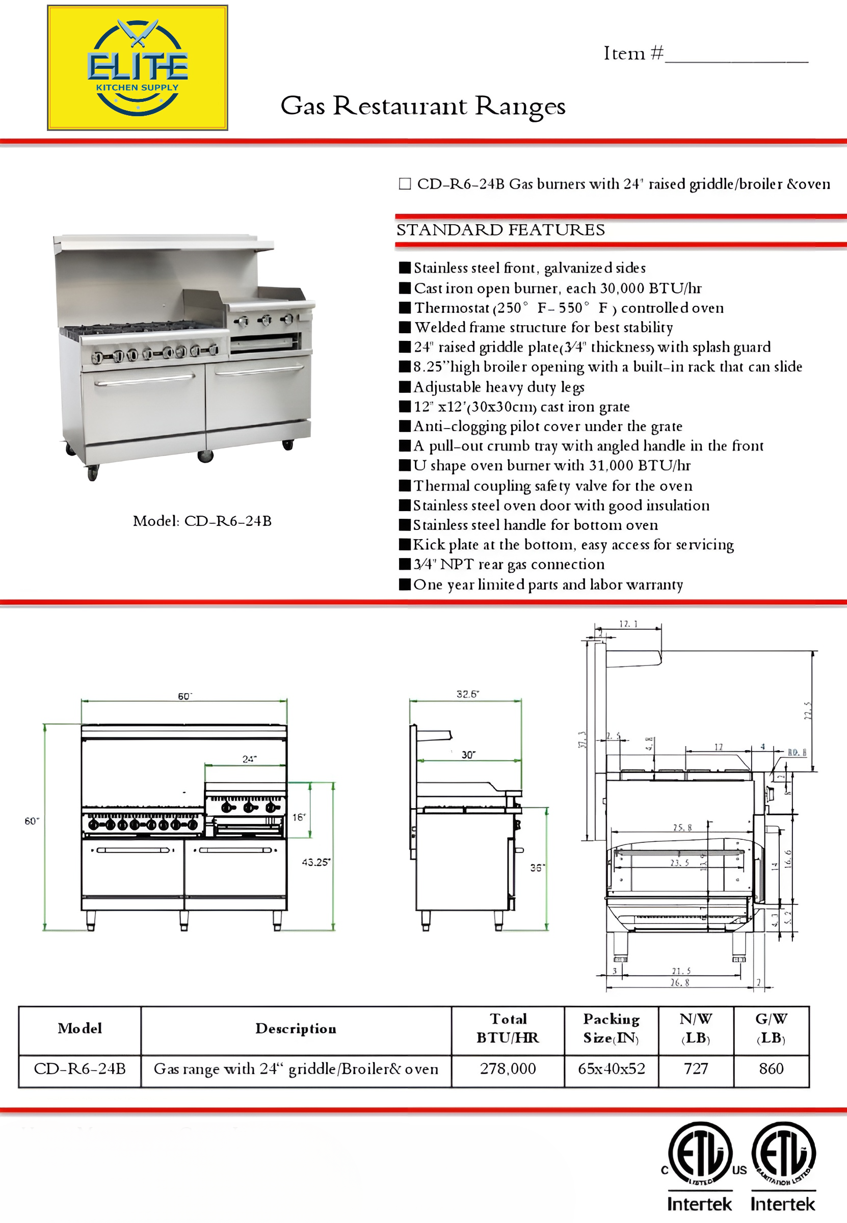 60 ins 6b24g cheese melter NSF oven range CD-R6-24B