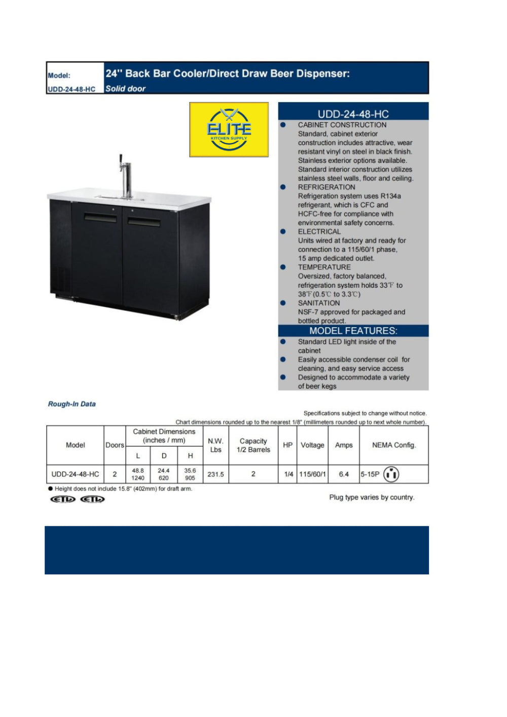 NSF 48 ins Brew Fridge cooler Beer dispenser 2 tap UUD24-48