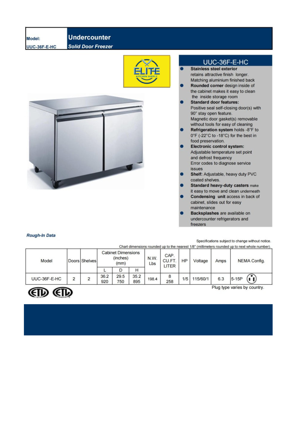 NSF Commercial 36 inches Undercounter Freezer UUC-36F