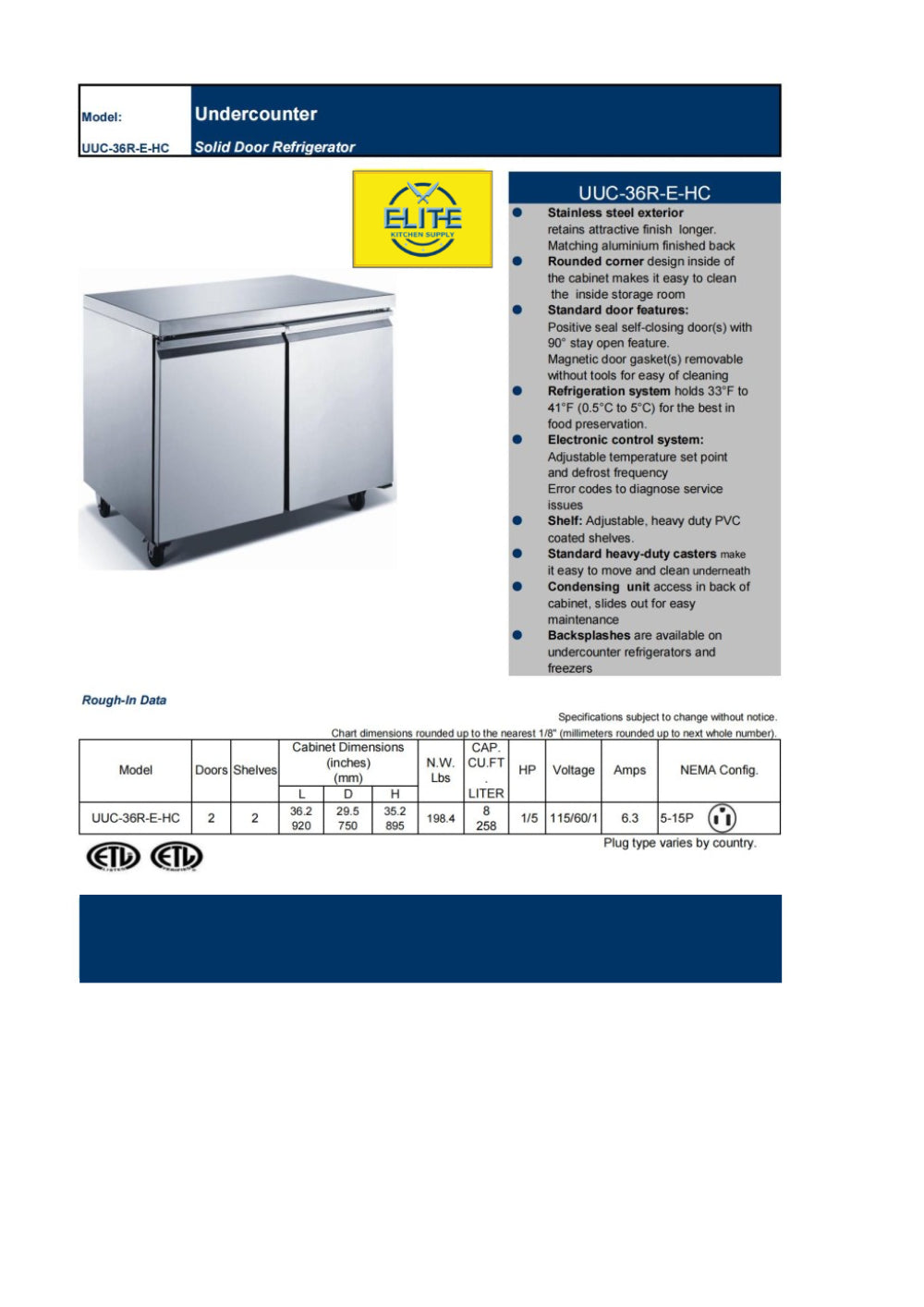 NSF Commercial 36 inches Worktop Refrigerator UUC-36R