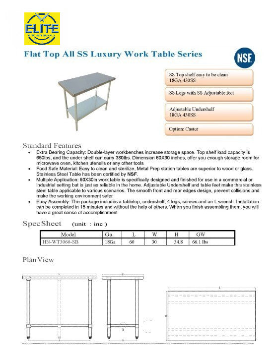 All Stainless Steel Table NSF 60W x 30D x34H inches