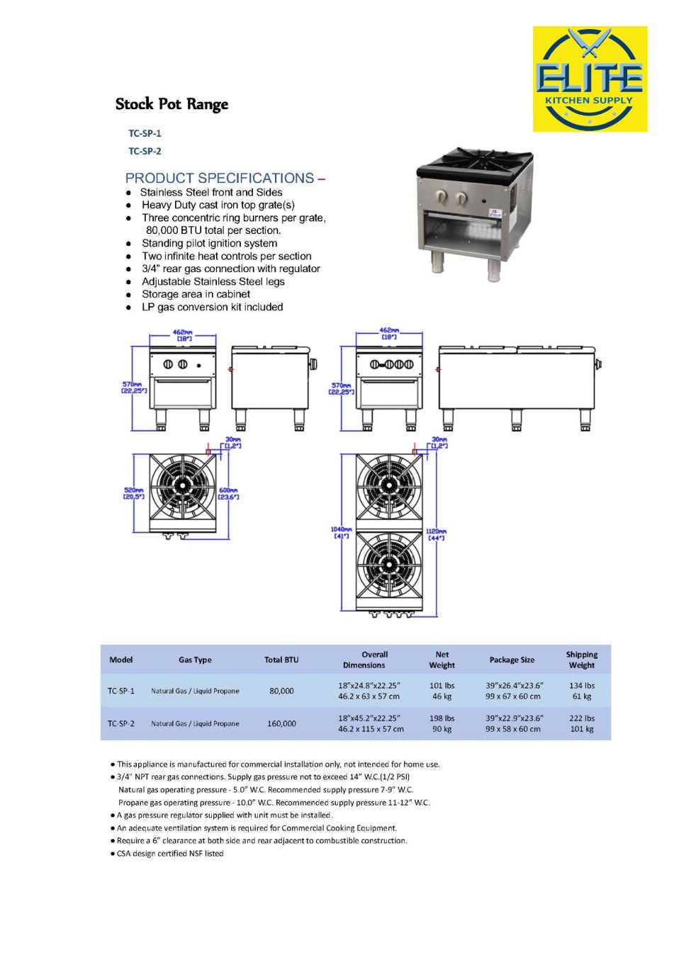 NSF Stock Pot Range 1 Burner 18 inches TC-SP1