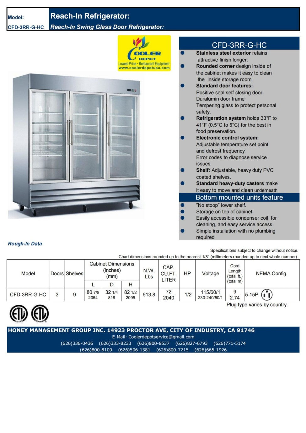 Commercial Stainless Steel Refrigerator 3 door NSF CFD3G