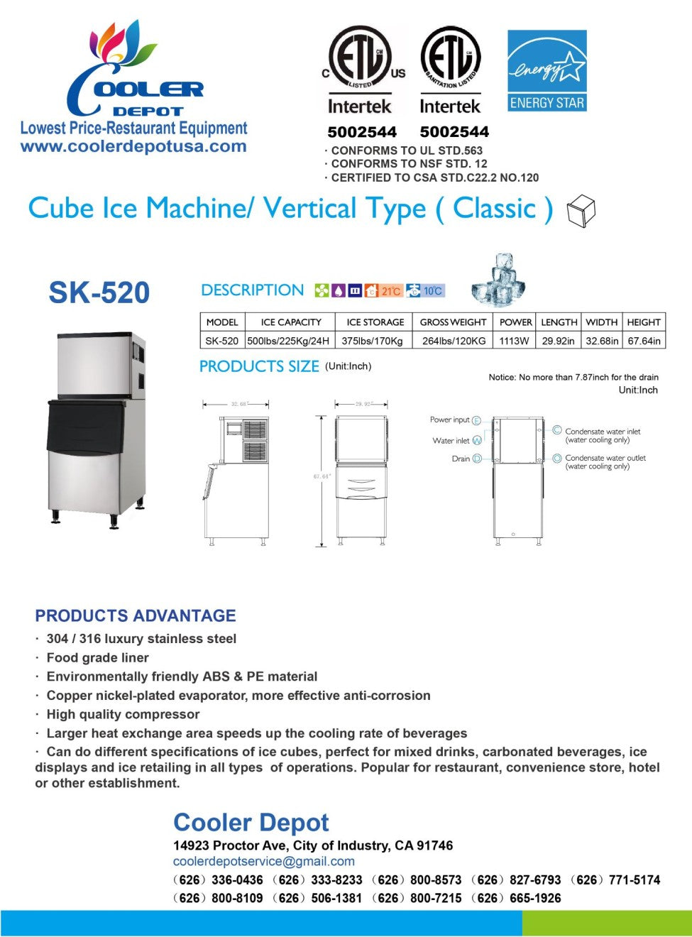 SK-520 NSF 500 lb cooler depot ice maker machine