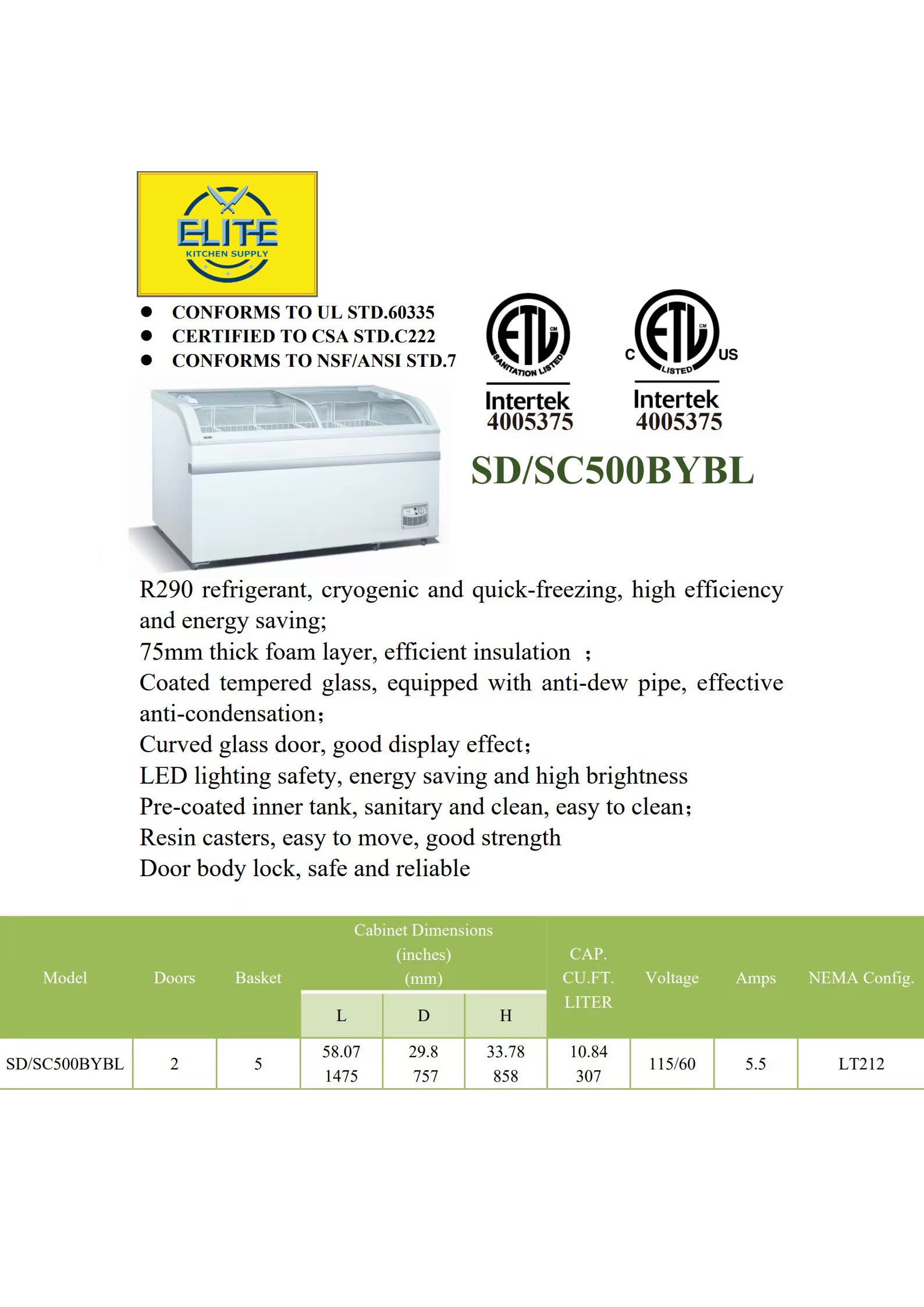 NSF 58 ins Supermarket Grocery Freezer SDSC500