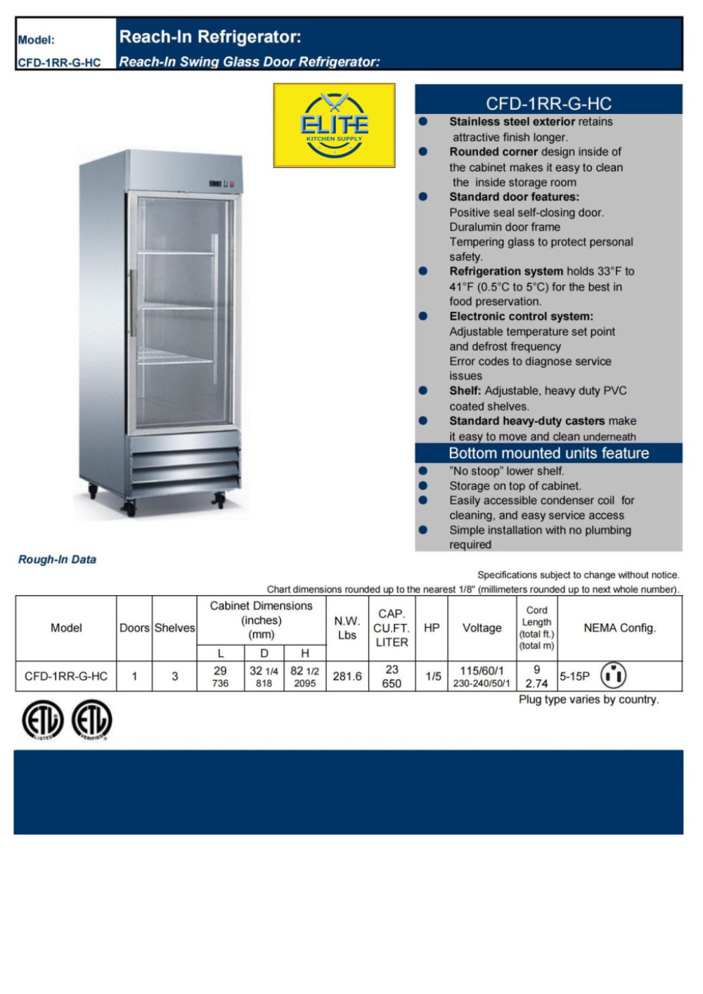 NSF Stainless Steel Refrigerator one door CFD1G