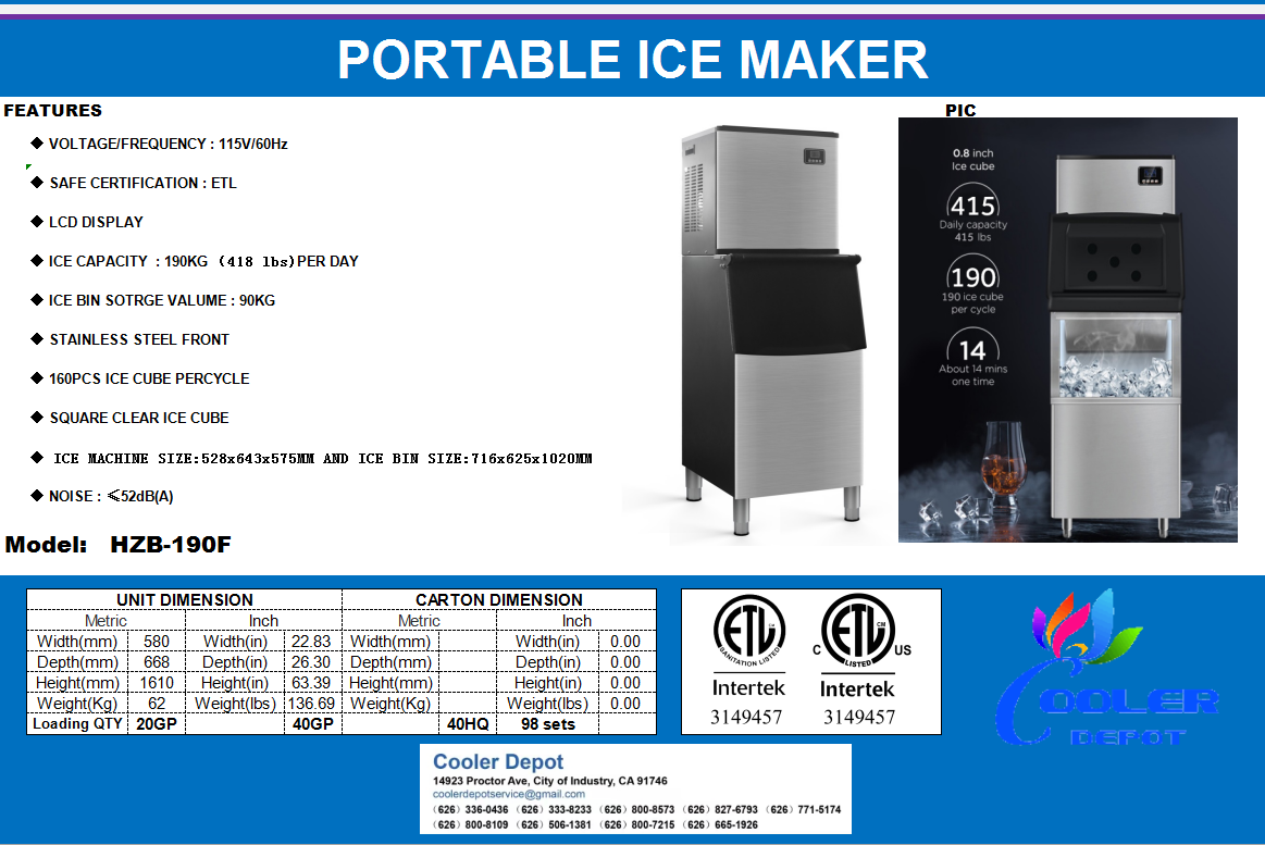 HZB-190F NSF 418 lb Commercial ice maker machine