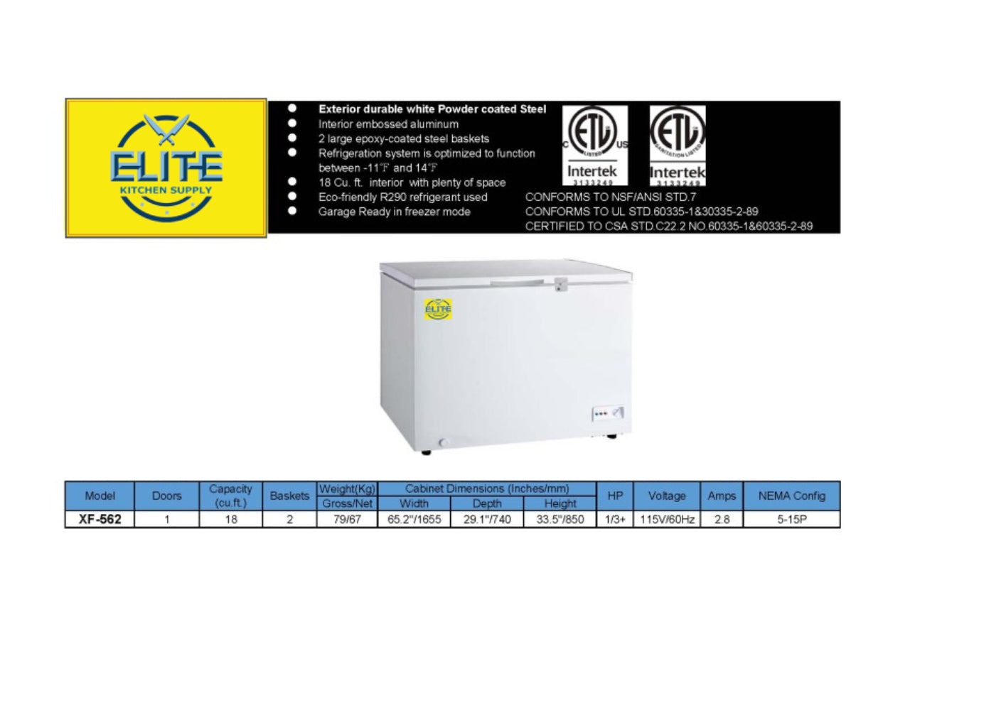 NSF 65 in Solid Top Chest freezer 18 cu ft XF-562