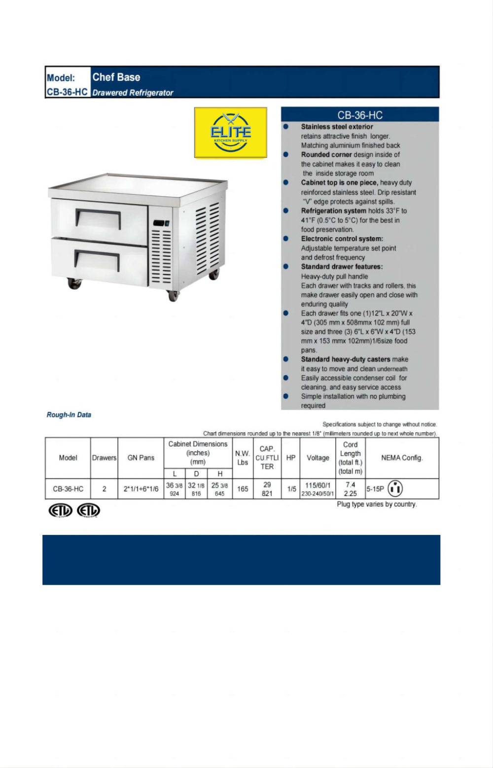 NSF 2 Drawer Refrigerated Chef Base CB36