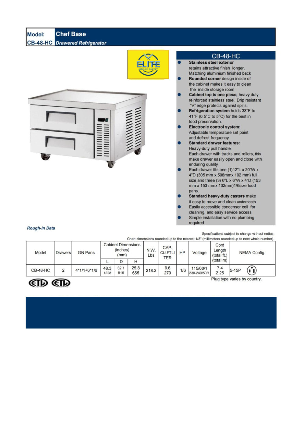 NSF stainless steel refrigerator Chefs Base CB48