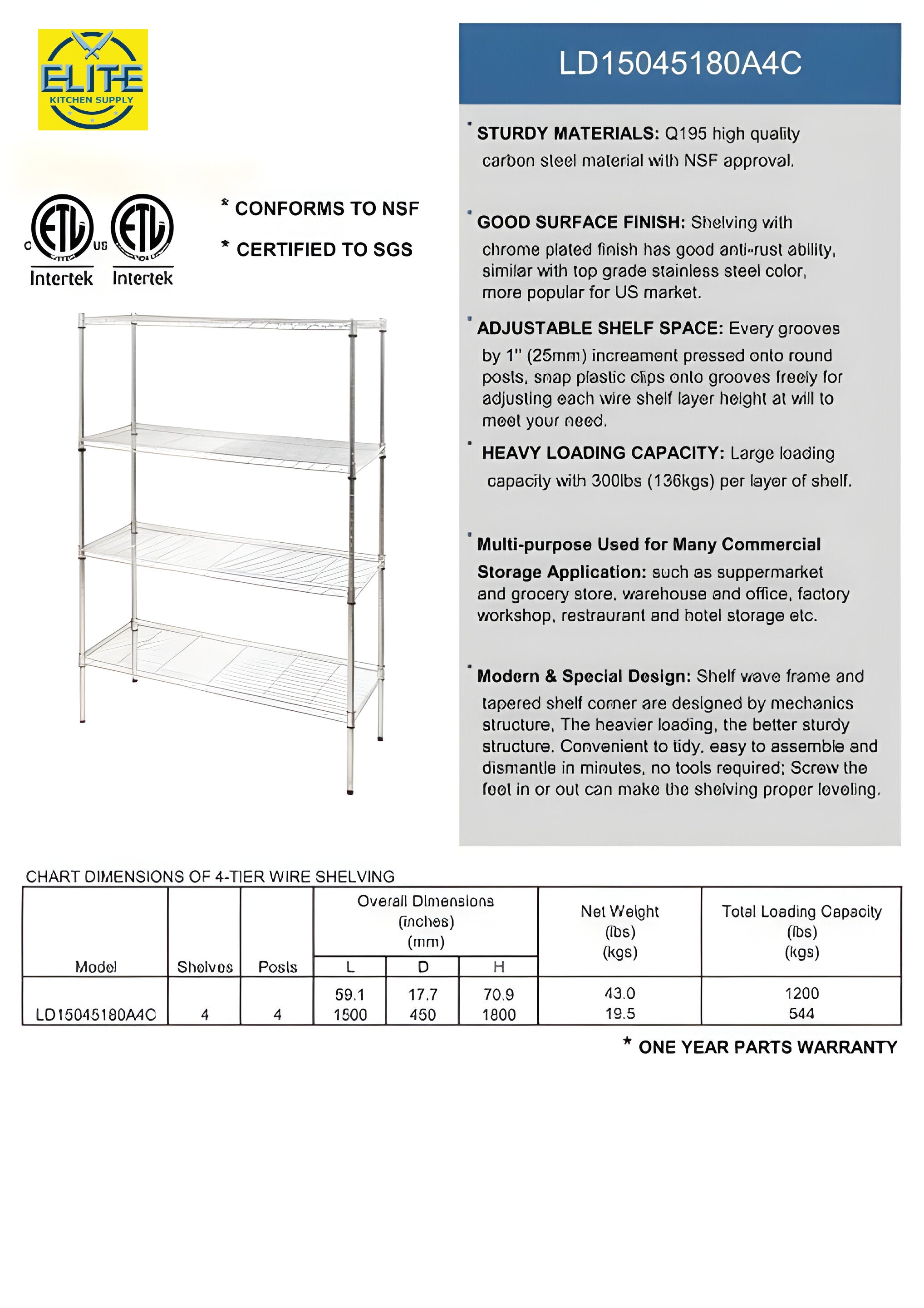 NSF H71xW60xD18 4 Tier Wire Shelving