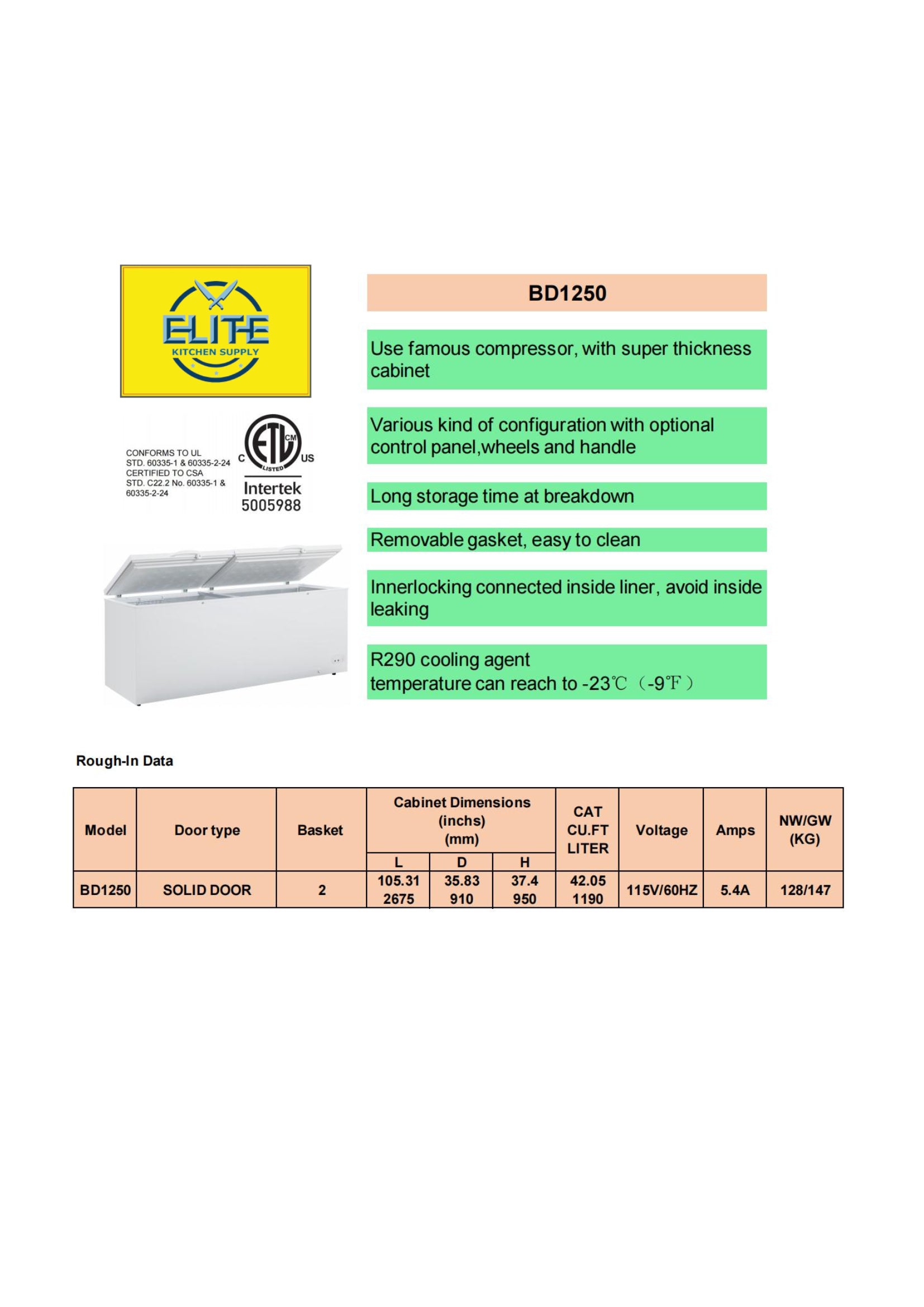 NSF 105 inch Chest freezer 42 cu ft BD1250