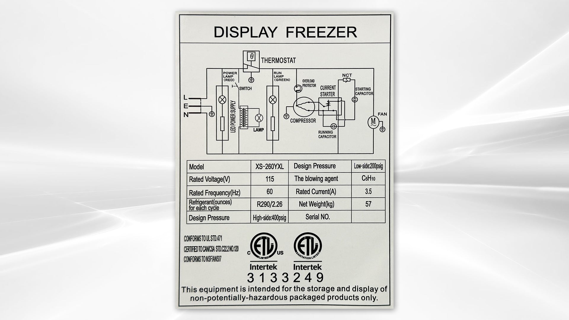 NSF 39 ins ice cream freezer XS-260YXL