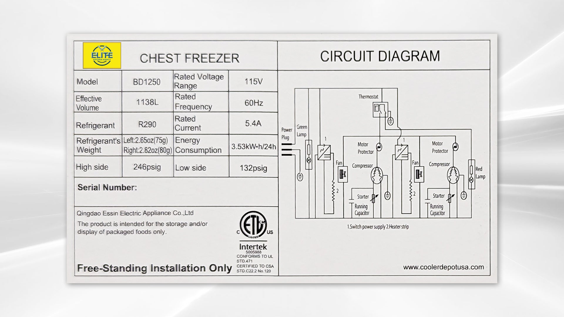 NSF 105 inch Chest freezer 42 cu ft BD1250