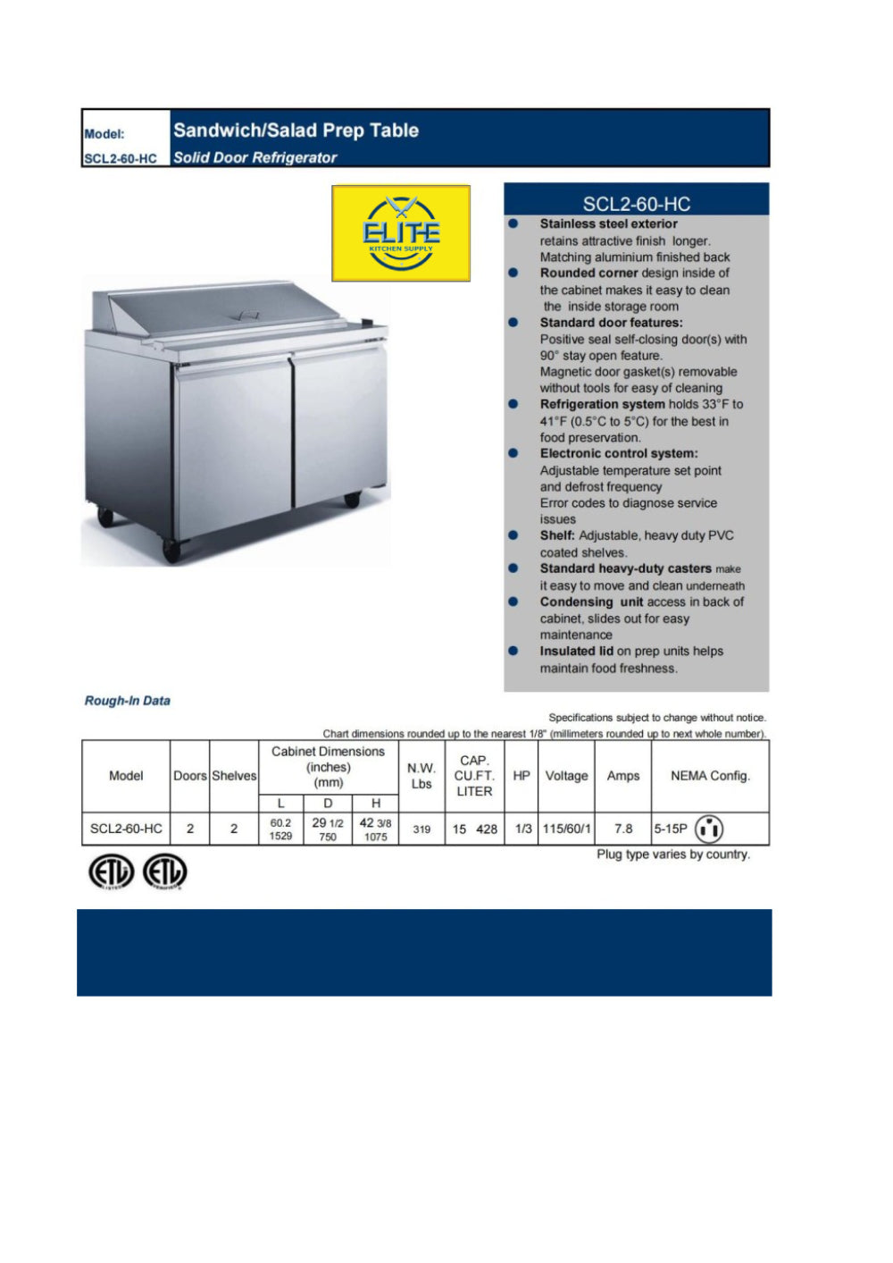 NSF ETL Sandwich Prep Table 60 inches CSP60