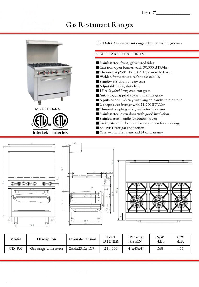 36 ins 6b NSF oven ranges HFSO-36