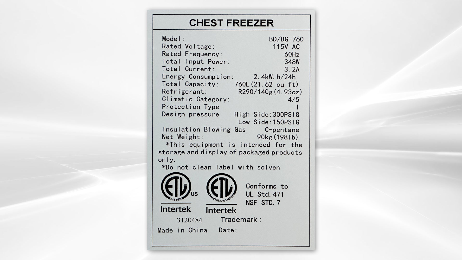 NSF 82 inch Chest Freezer 760L BD-760