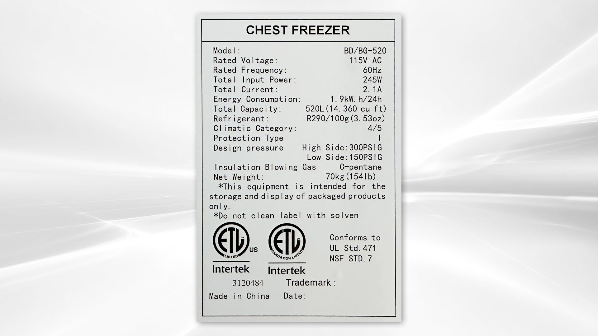 NSF 60 inch Chest Freezer 520L BD-520