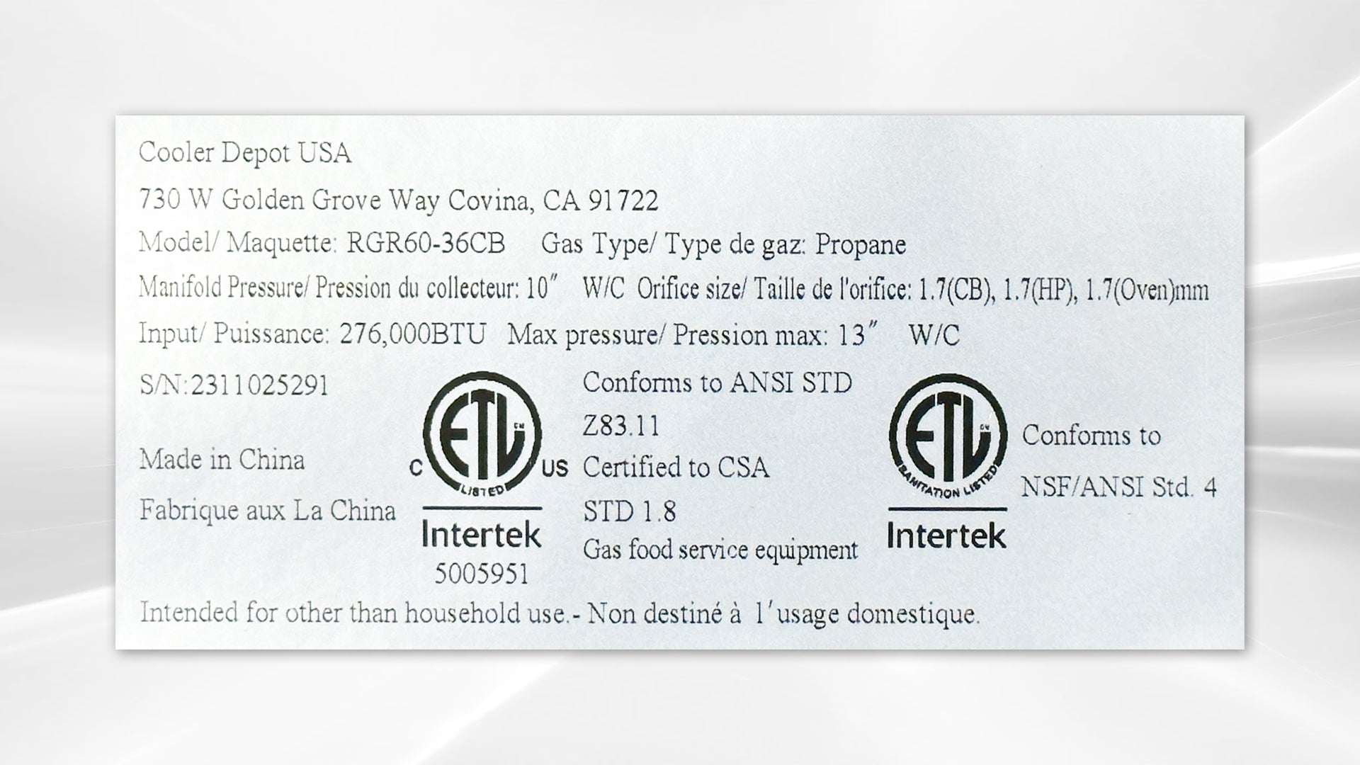 NSF 60 ins 4 Burner 36 ins Charbroiler RGR60-36CB