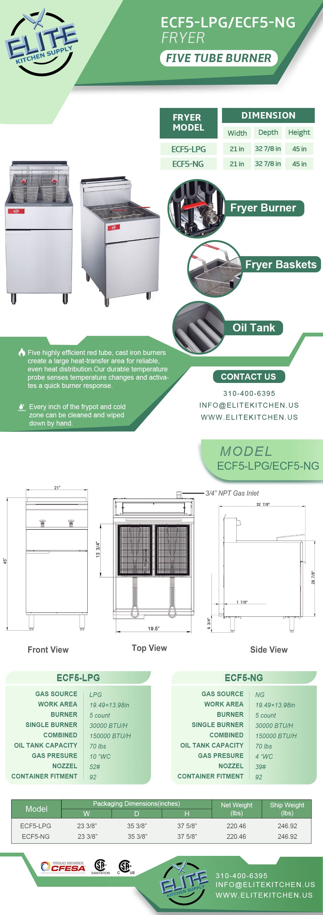 ECF5-LPG 5 Tube Burner 70 lb Fryer