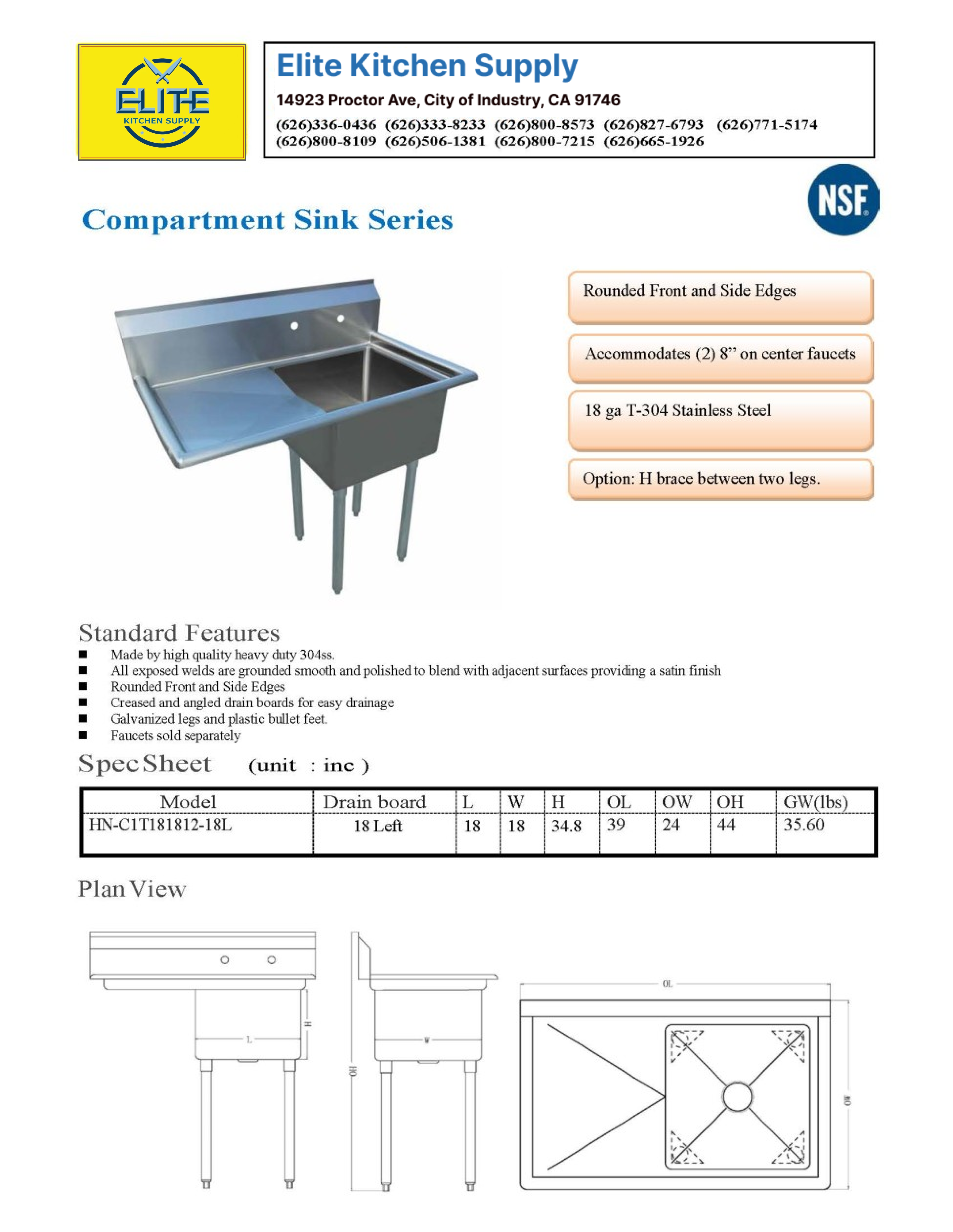 18 ins left one compartment sink NSF C1T181812-18L