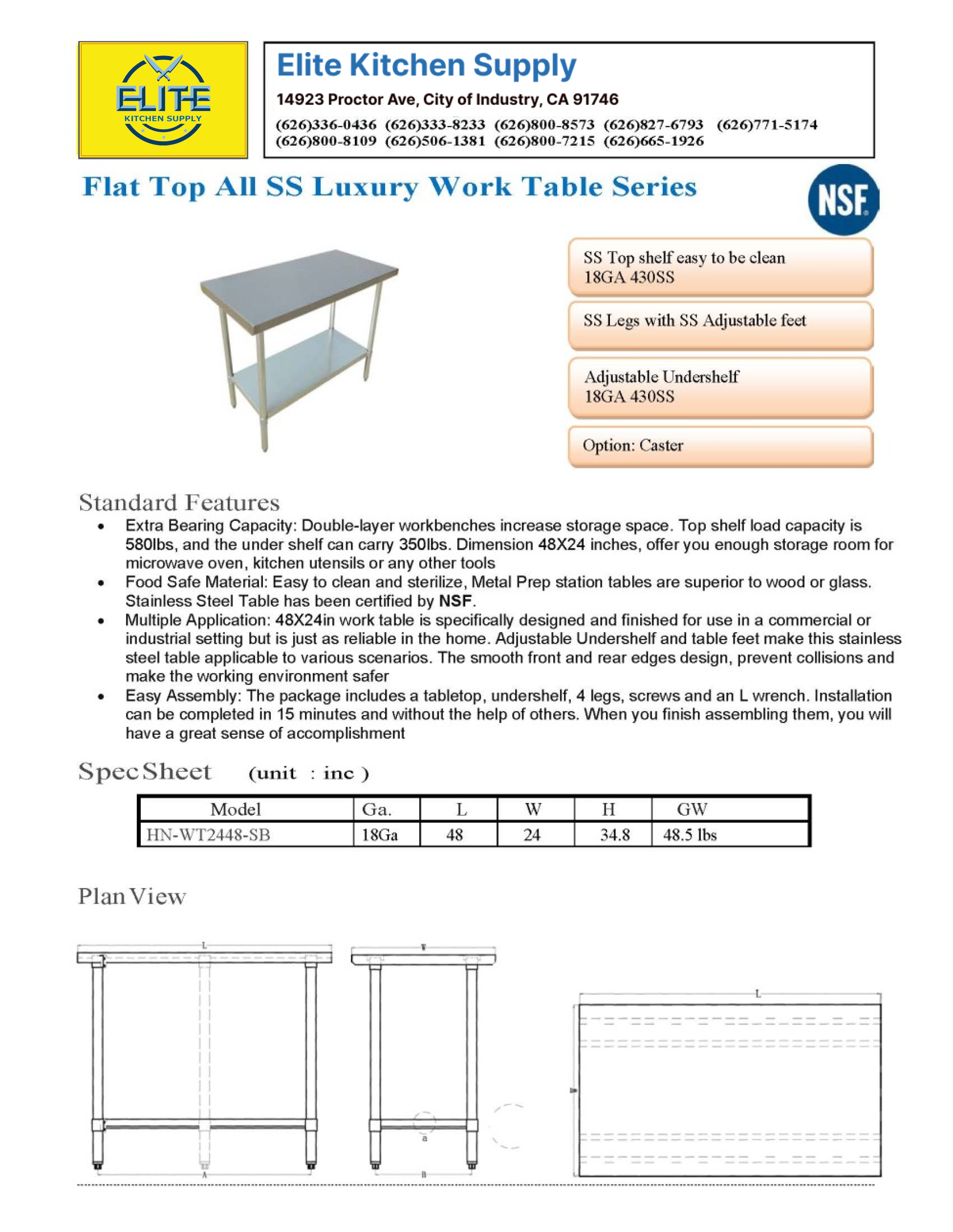 All Stainless Steel Table NSF 48W x 24D x34H inches