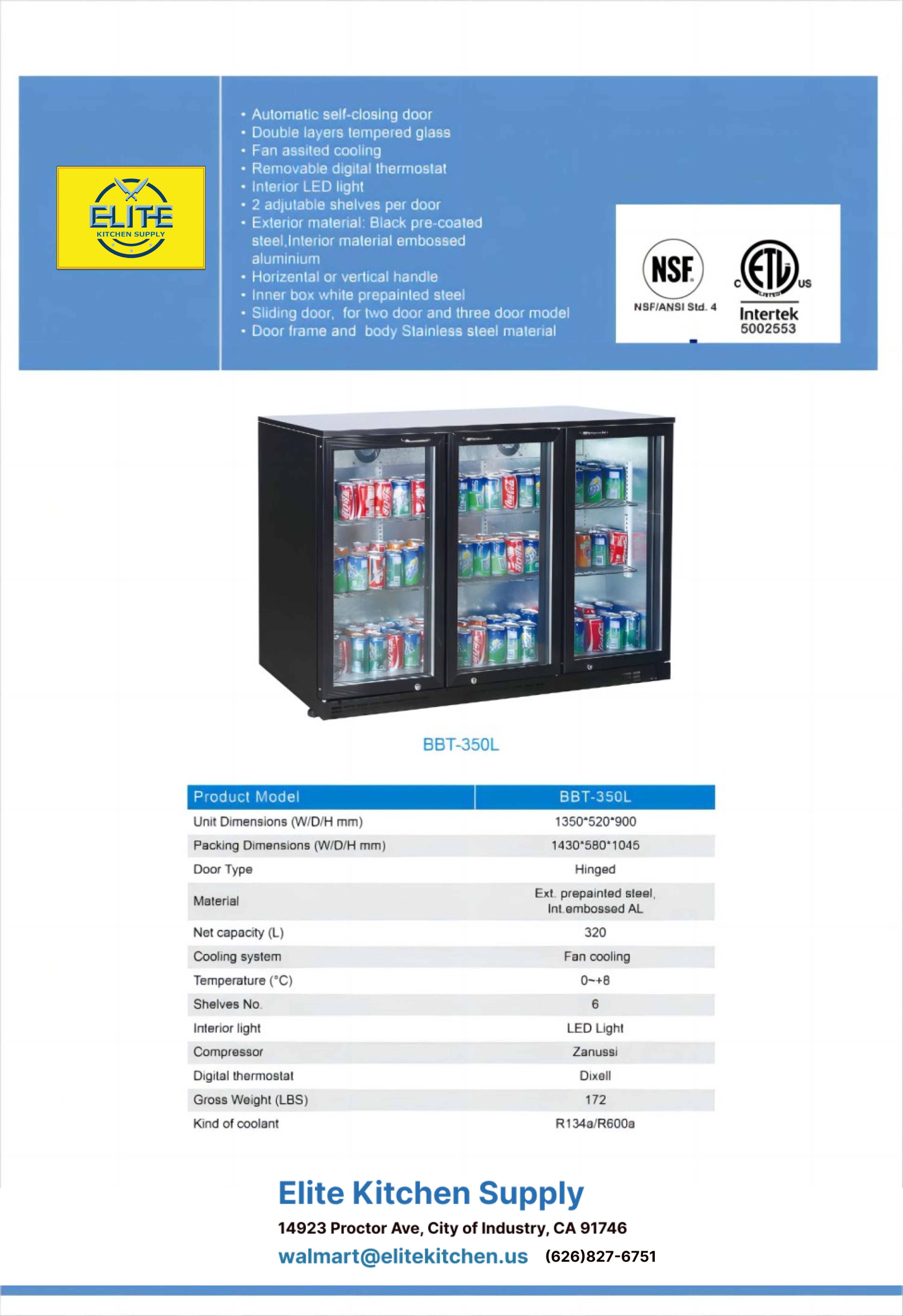 NSF Merchandiser Beverage back bar cooler swing door BBT350L