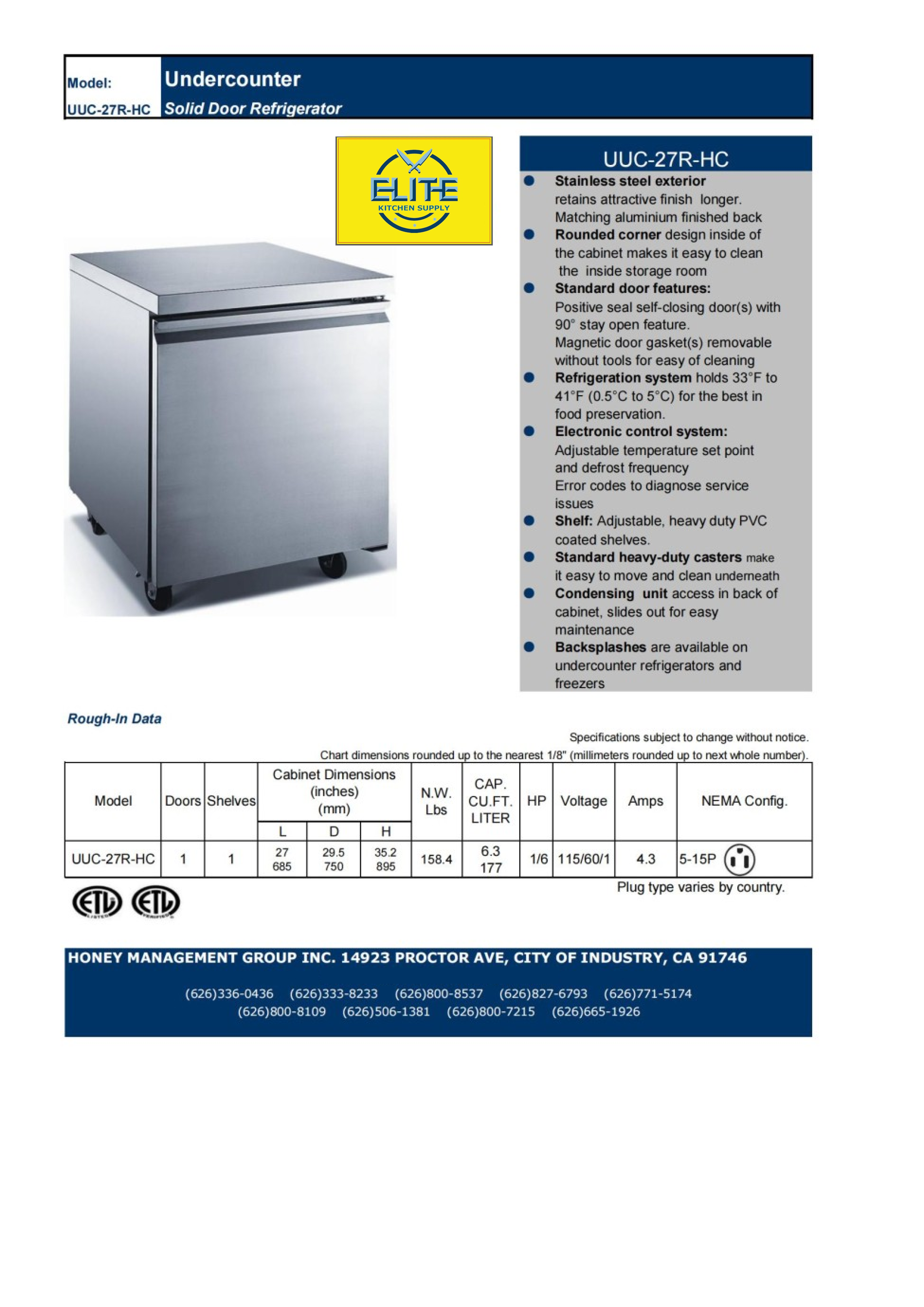 NSF Undercounter refrigerator 27 ins TUC27R