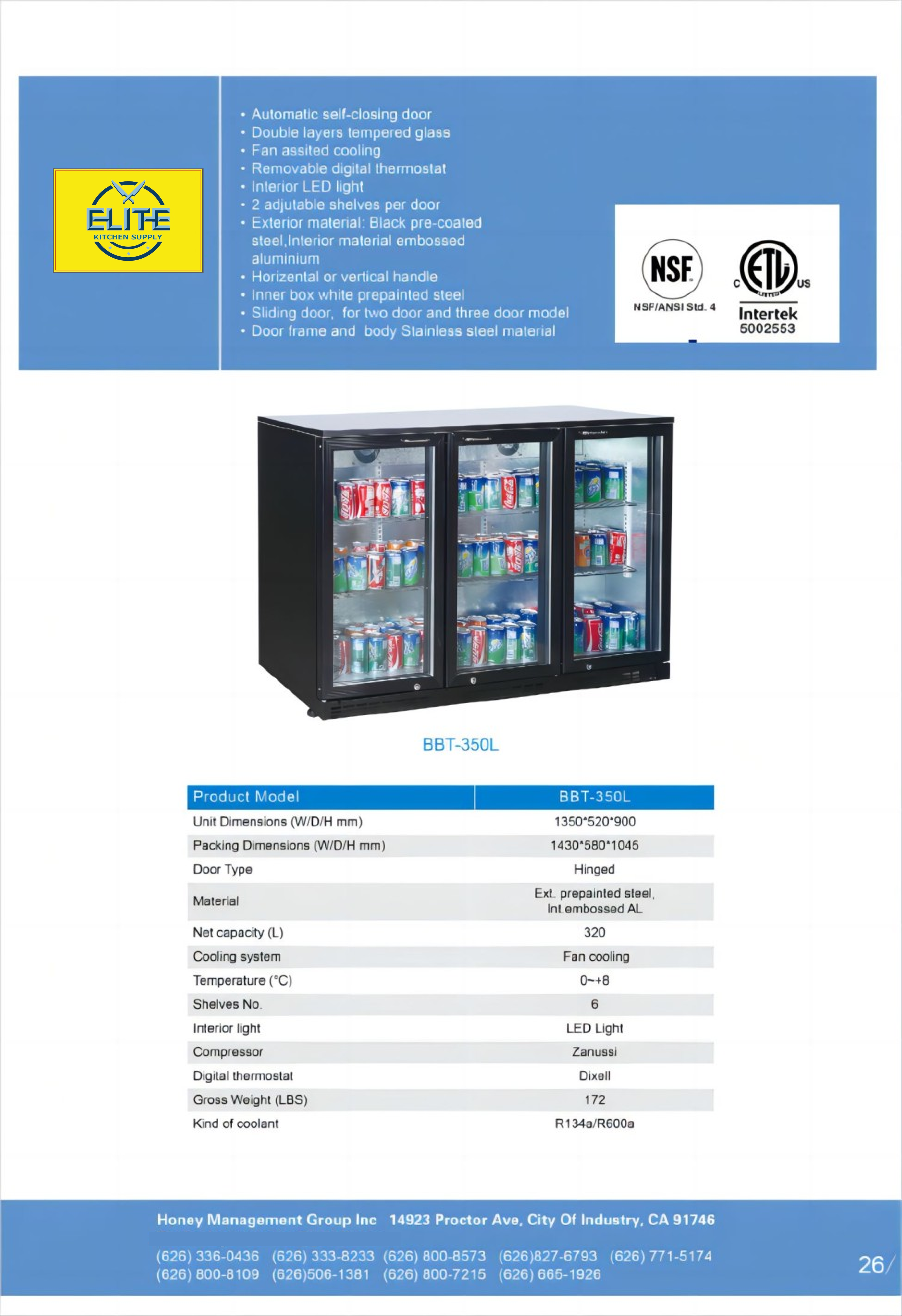 NSF Merchandiser Beverage back bar cooler swing door BBT350L