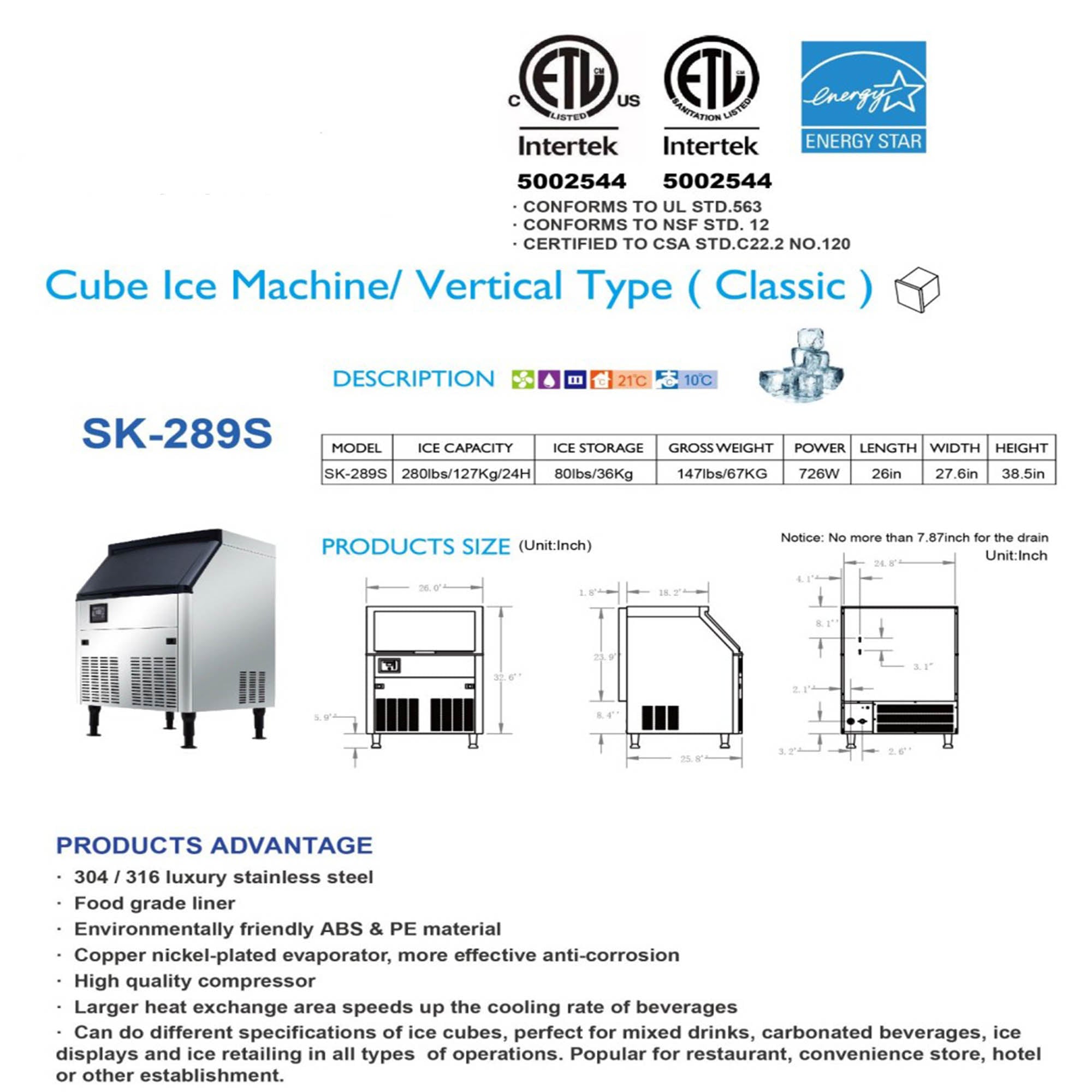 SK-289S NSF 290 lbs coolerdepot ice maker