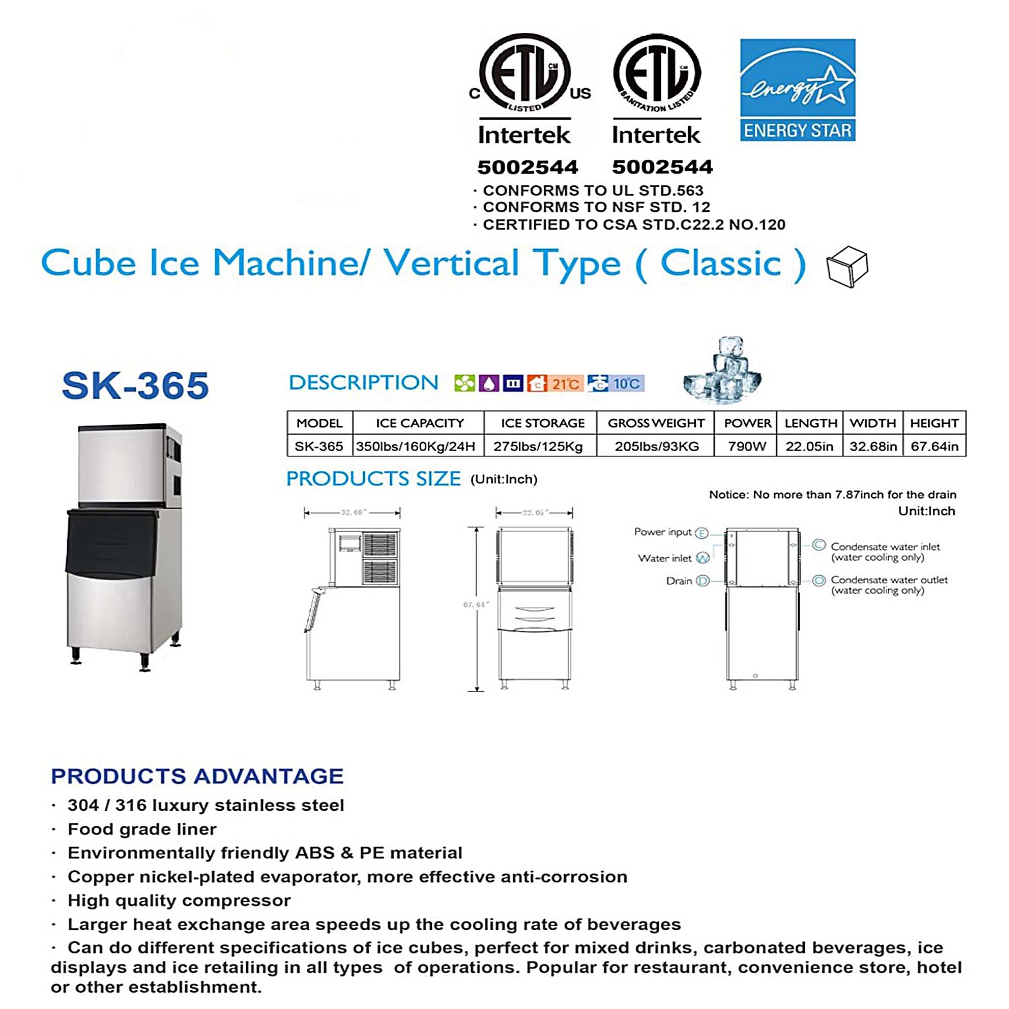 SK-655 NSF 350 lb Commercial ice maker machine