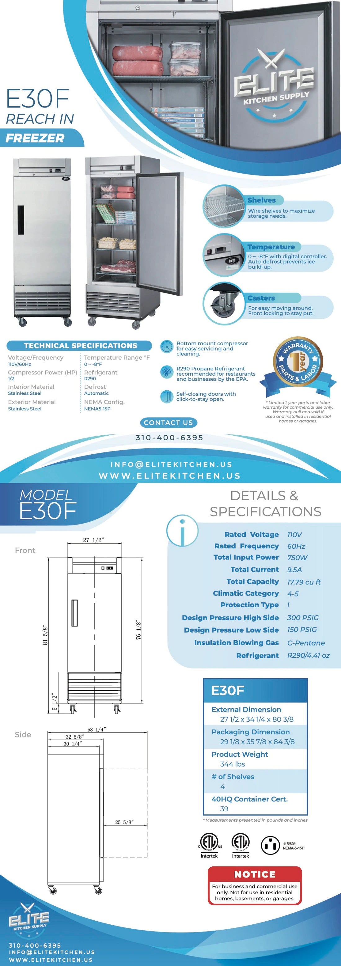 Elite Kitchen Supply 17.7 Cu. ft. Auto-defrost Commercial Upright Reach-In Freezer in Stainless Steel, Silver