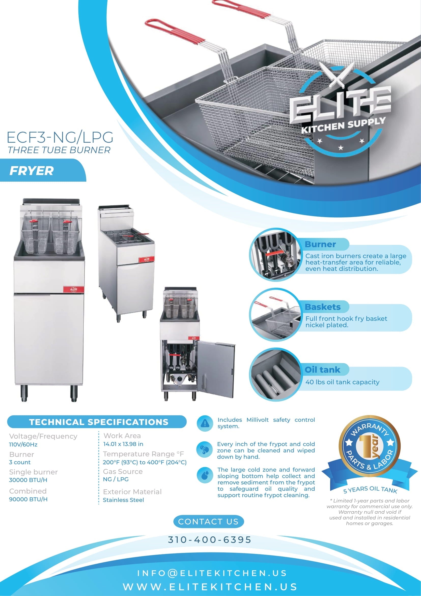 ECF3-LPG 3 Tube Burner 40 lb Fryer