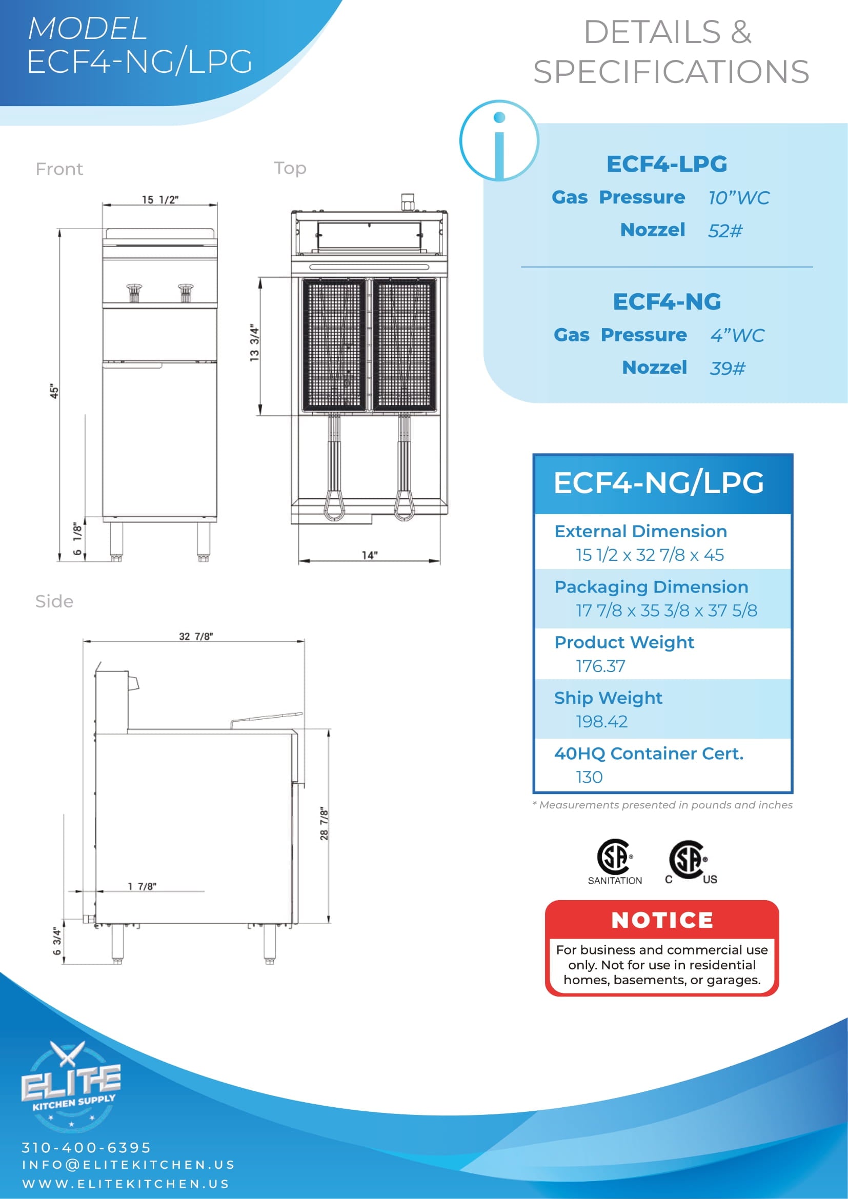 ECF4-NG 4 Tube Burner 40 lb Fryer